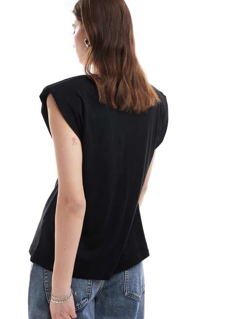 ONLY v neck padded shoulder t shirt in black