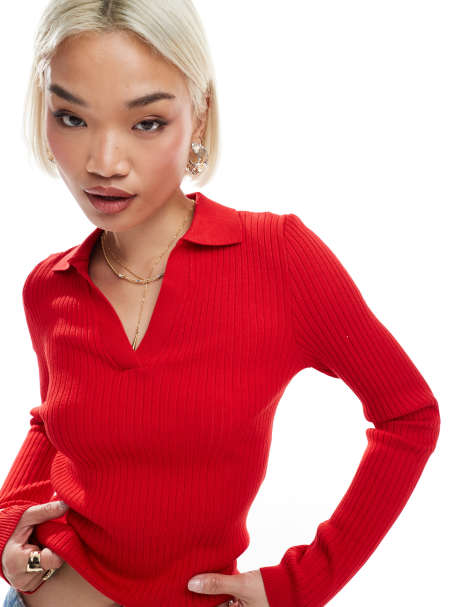 ONLY v-neck polo in red - view 1