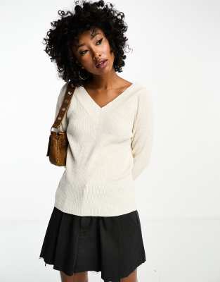 v neck ribbed sweater in cream-White