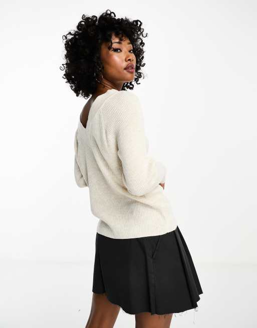 Only v neck ribbed sweater in cream , 2 of 4