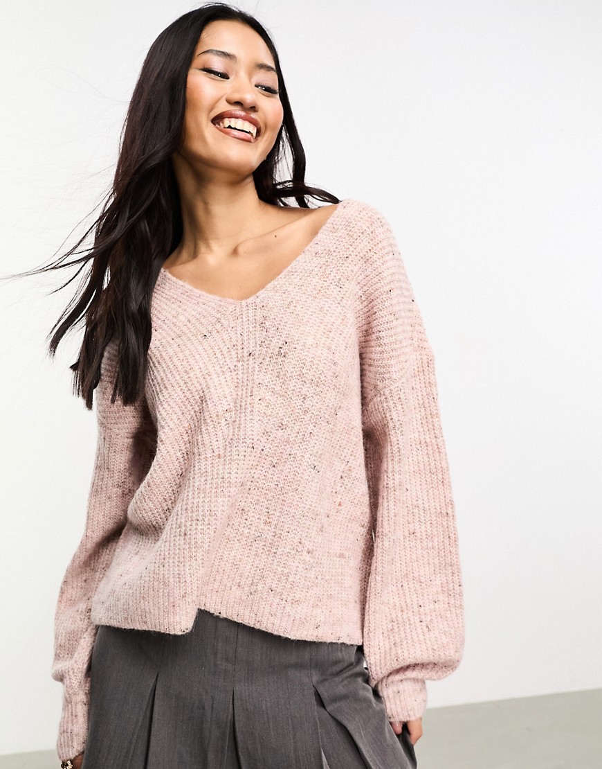 Only V Neck Ribbed Sweater In Pale Pink Heather