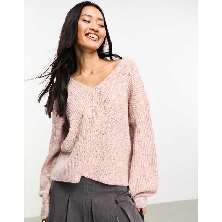 Only v neck ribbed sweater in pale pink heather