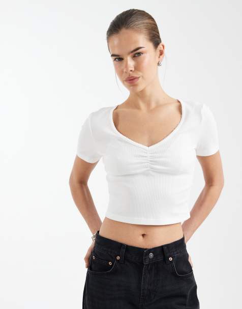 ONLY v-neck ruched detail ribbed crop t-shirt in white - view 1