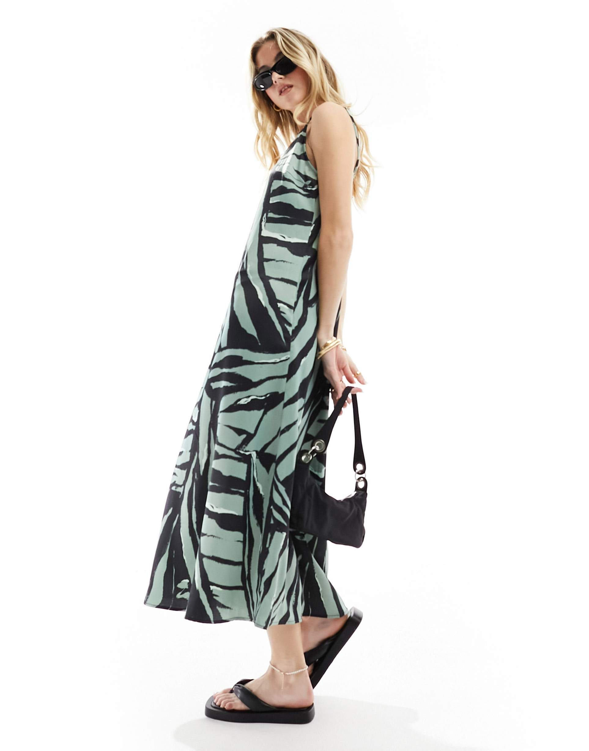 only v neck satin maxi dress in multi abstract print