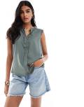 [ONLY] ONLY v neck sleeveless blouse with crochet trim in green 40 Balsam green