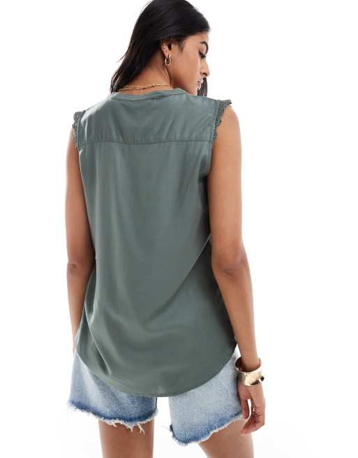 ONLY v neck sleeveless blouse with crochet trim in green , 2 of 4