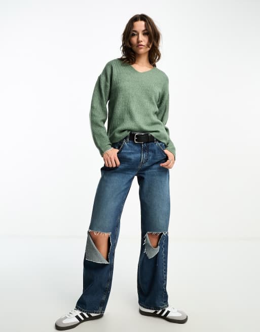 ONLY v neck slouchy jumper in light green , 2 of 4