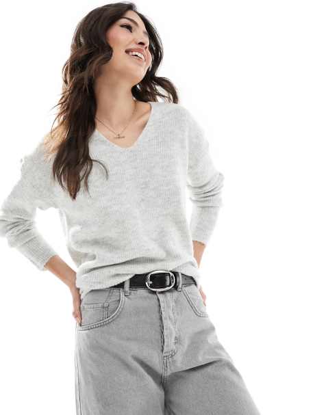 ONLY v neck slouchy jumper in light grey melange  - view 1