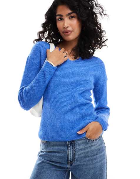 ONLY v neck slouchy jumper in marine blue  - view 1