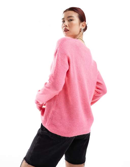 ONLY v neck slouchy sweater in heathered pink , 3 of 4