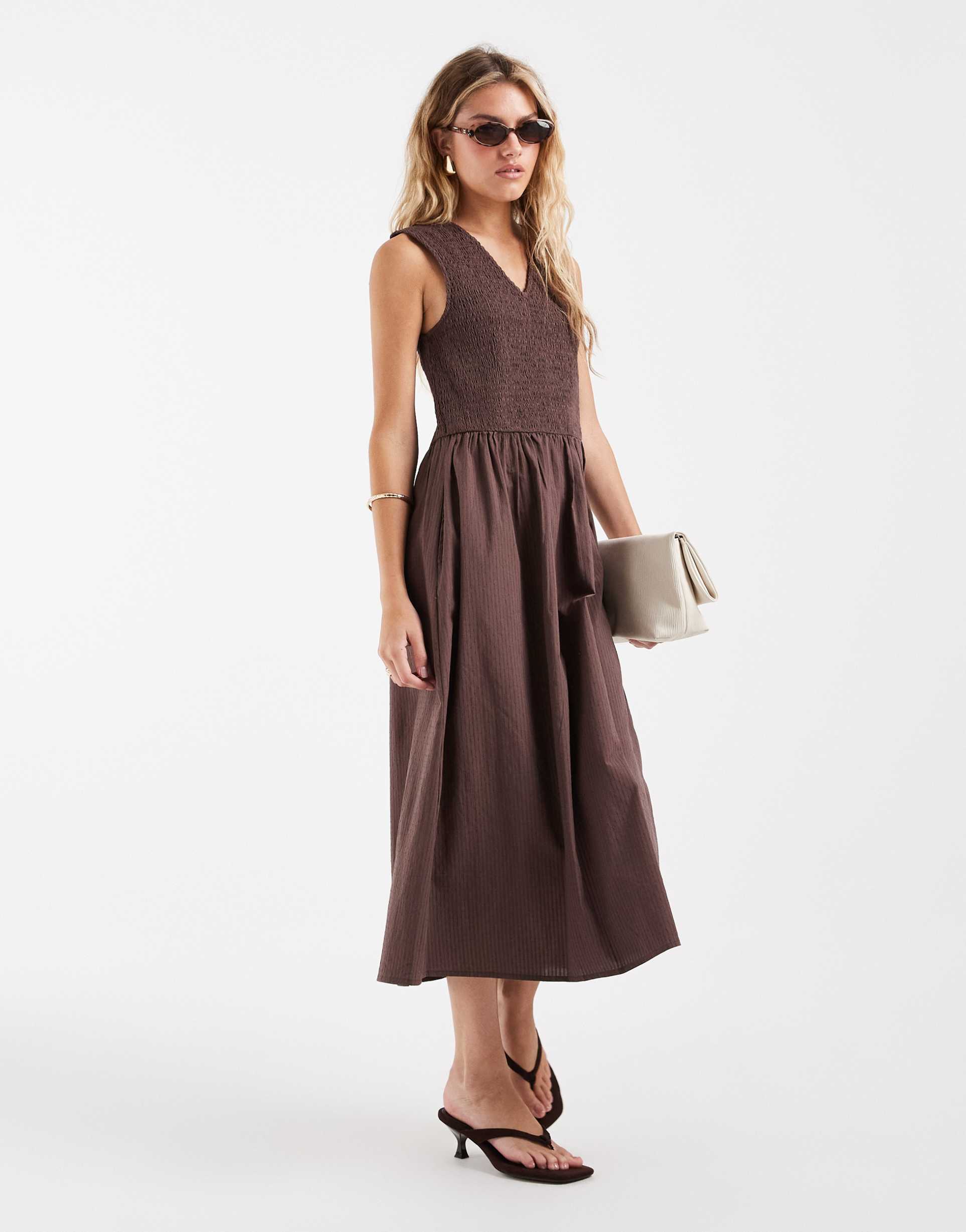 only v-neck smock midaxi dress in brown