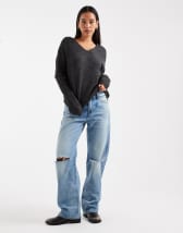 Bershka fluffy v-neck sweater in gray heather | ASOS