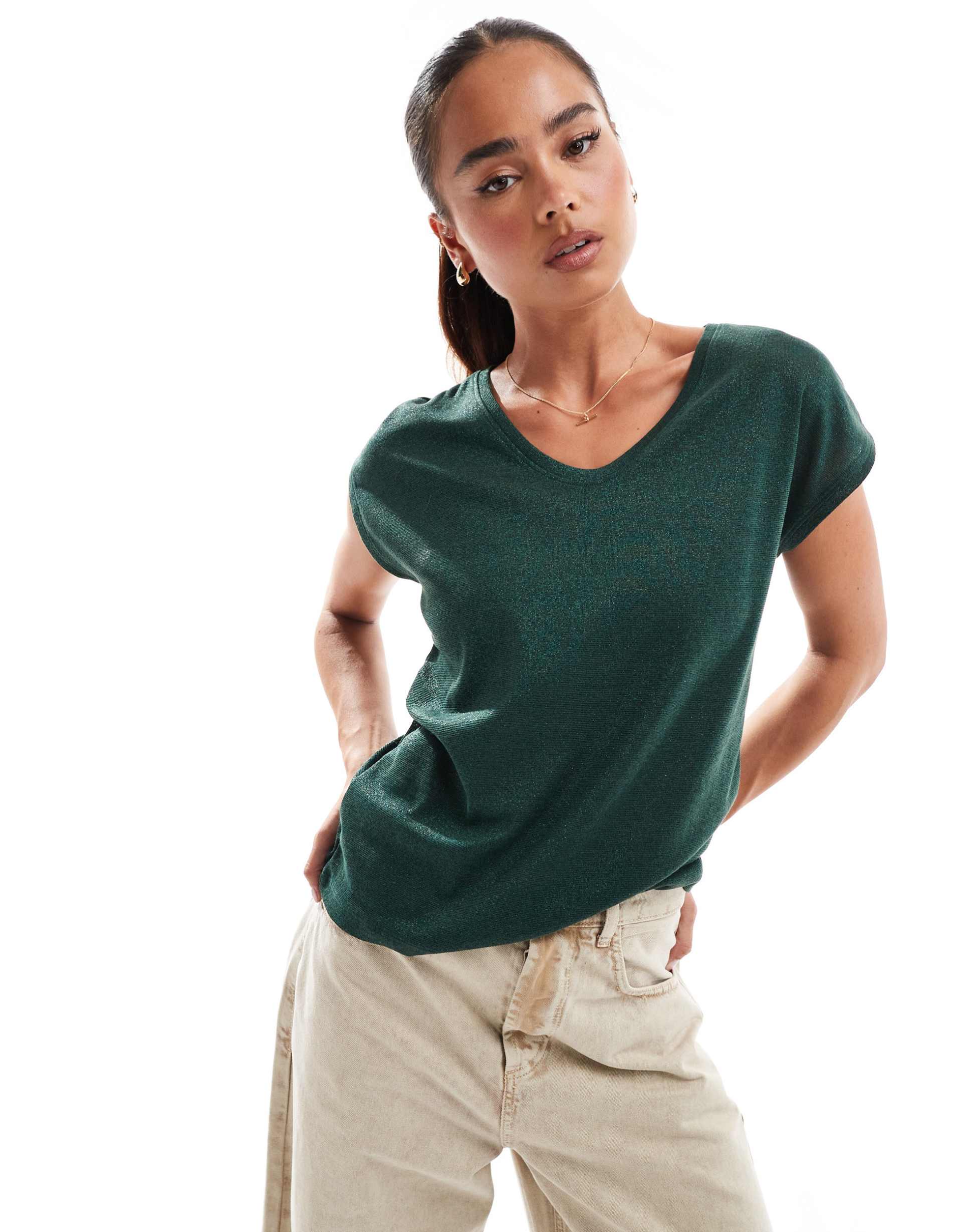 only v-neck t-shirt in green metallic
