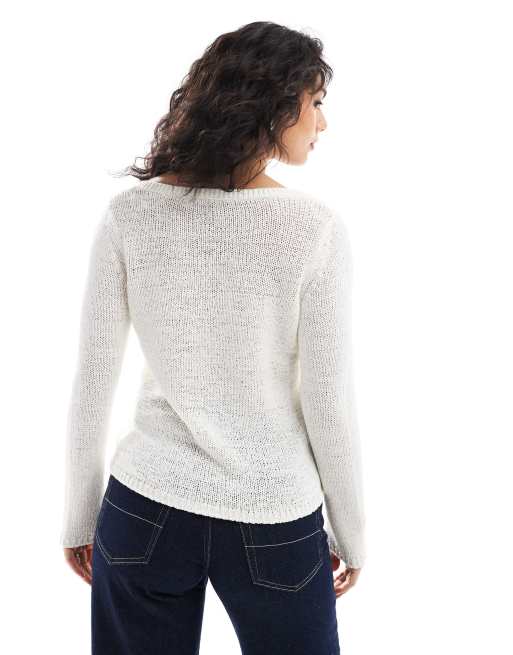 ONLY v-neck textured knitted jumper in stone, 2 of 4
