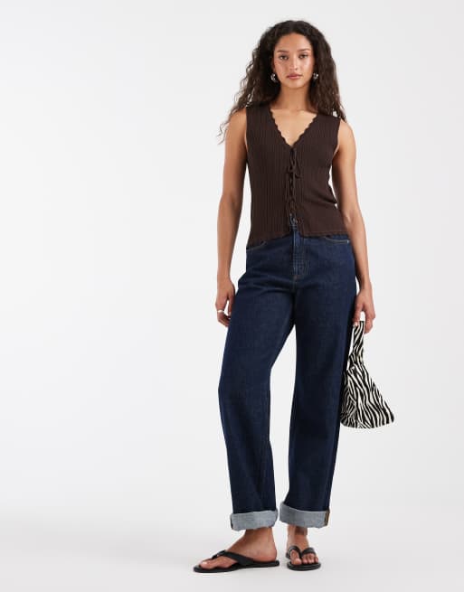 ONLY v-neck tie front knit tank top in chocolate brown, 2 of 4