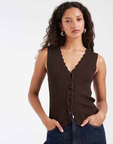 ONLY v-neck tie front knitted singlet in chocolate brown - view 1