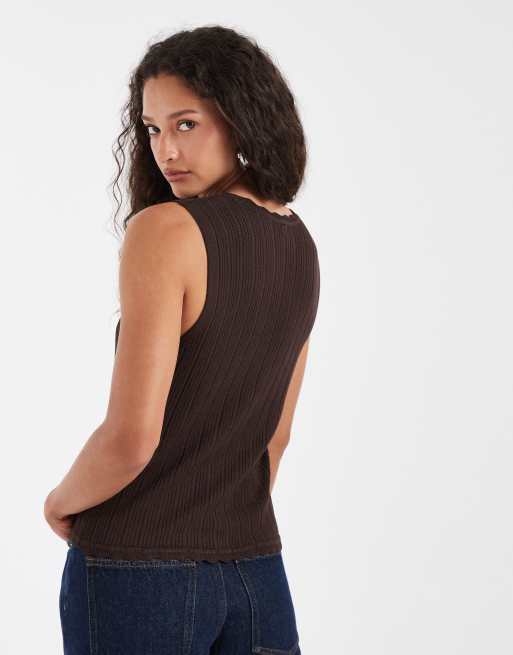 ONLY v-neck tie front knitted vest in chocolate brown, 4 of 4