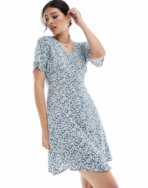 ONLY v neck tie waist mini dress in blue floral 