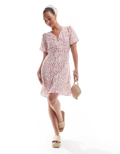 ONLY v neck tie waist mini dress in red ditsy print, 2 of 4