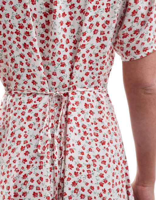 ONLY v neck tie waist mini dress in red ditsy print, 3 of 4