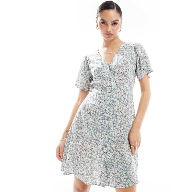 ONLY v neck tie waist mini dress in sage floral ASOS