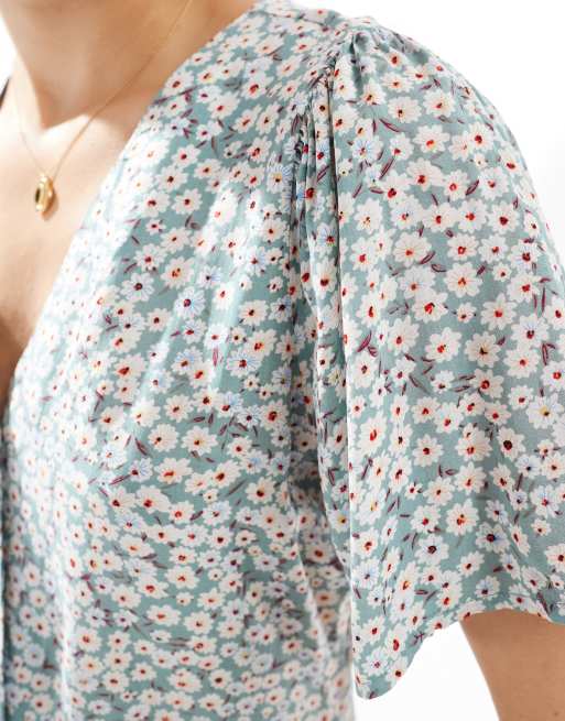ONLY v neck tie waist mini dress in sage floral , 4 of 4