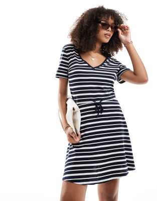 v neck tie waist mini dress in white and navy stripe