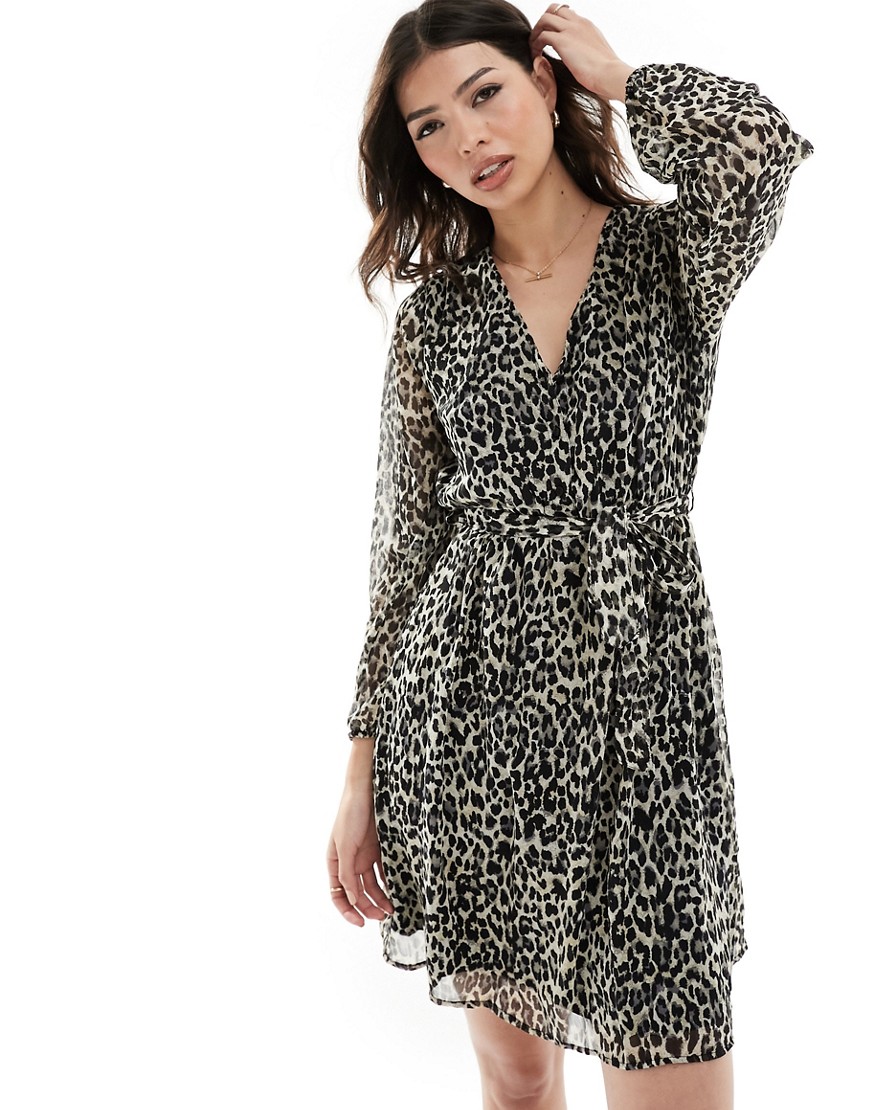 ONLY v neck tie waist mini smock dress in leopard-Multi