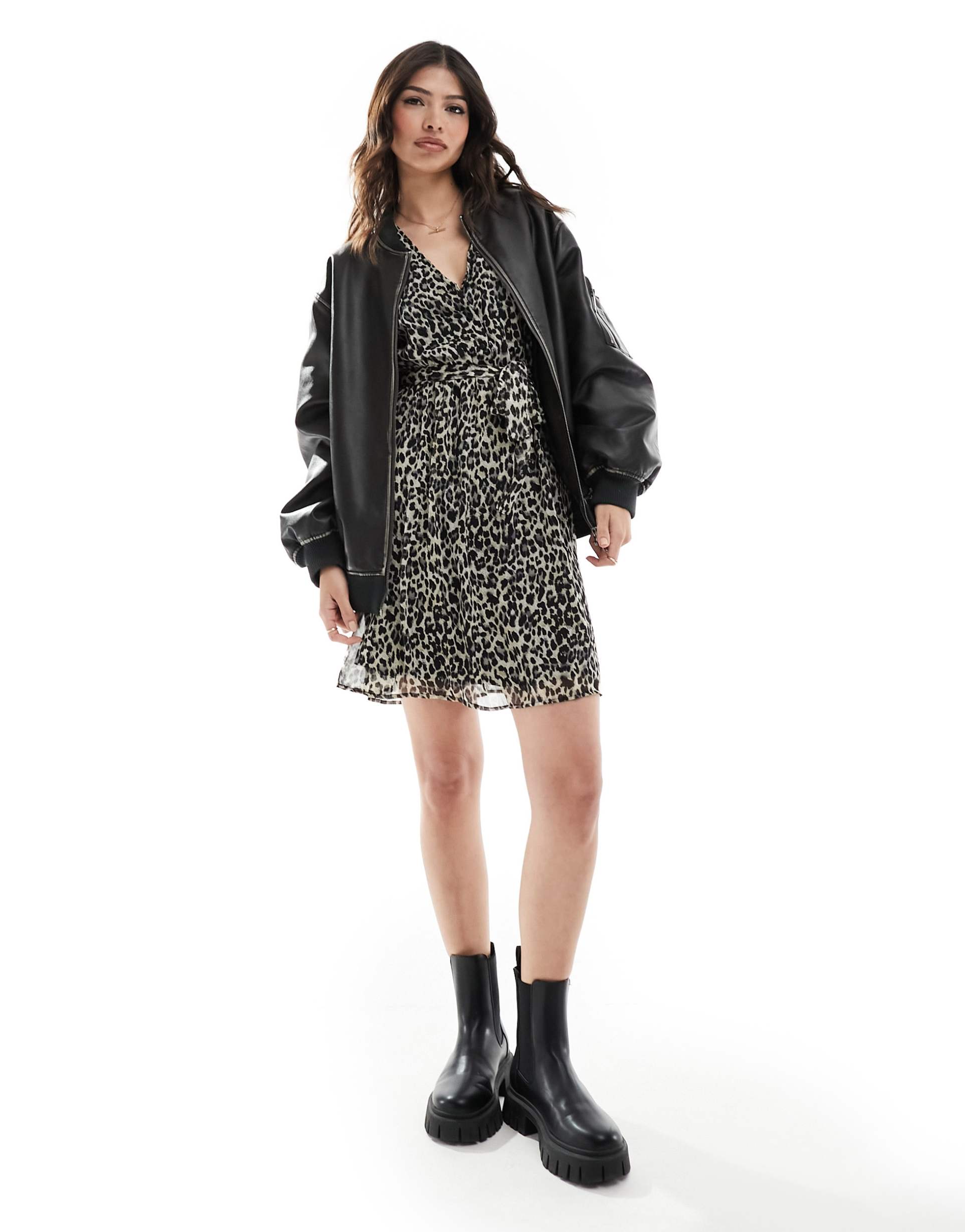 only v neck tie waist mini smock dress in leopard