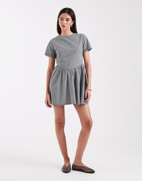 ONLY v-waist detail mini dress in black gingham - view 1