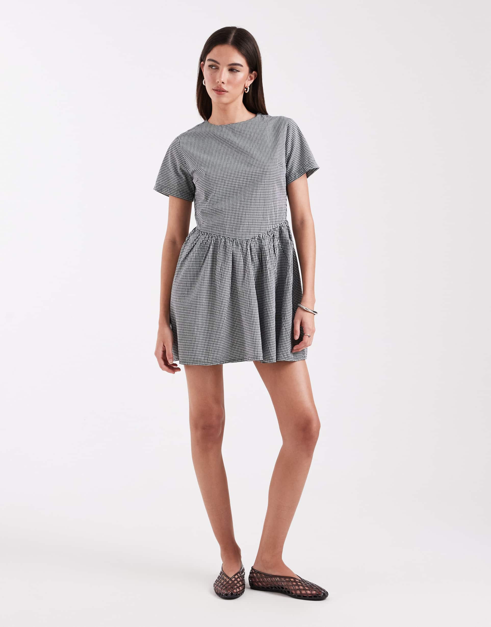only v-waist detail mini dress in black gingham