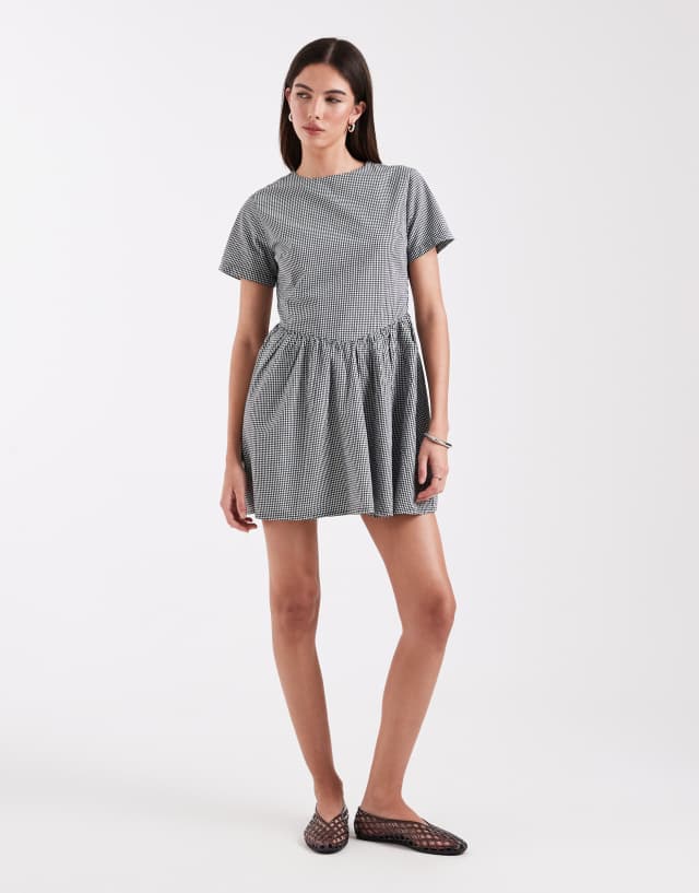 ONLY v-waist detail mini dress in black gingham