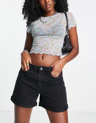 Only Vega low rise rolled hem denim mom shorts in black