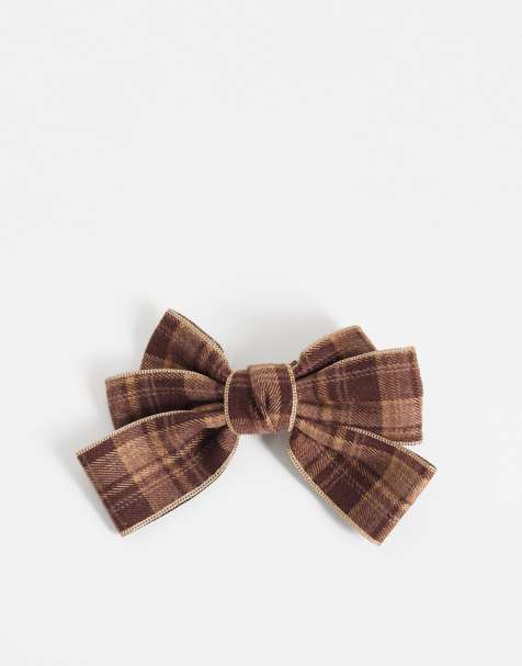 ONLY velvet bow hair clip in brown check - view 1