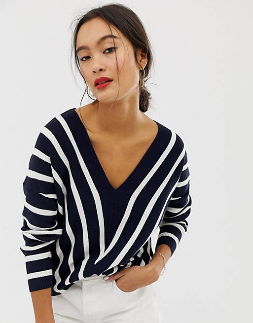 Only vertical stripe wide v neck sweater
