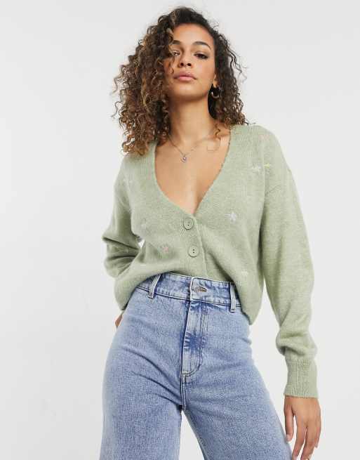 Only - Vest met geborduurde bloemen in saliegroen