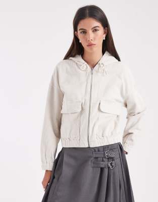 ONLY - Veste à capuche zippée en velours côtelé - Taupe-Neutre