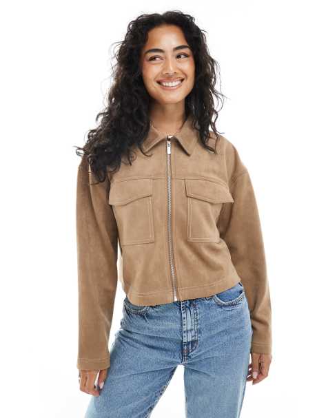ONLY - Veste courte en imitation daim à surpiqûres contrastantes - Taupe - view 1