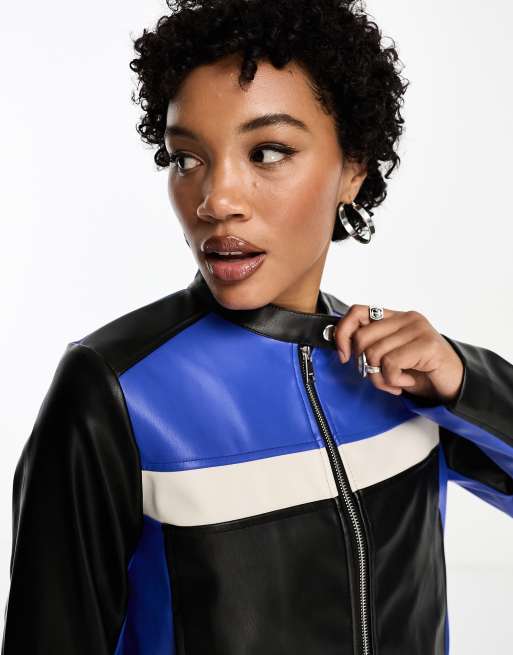 Only Veste d ensemble style moto en imitation cuir Noir et bleu