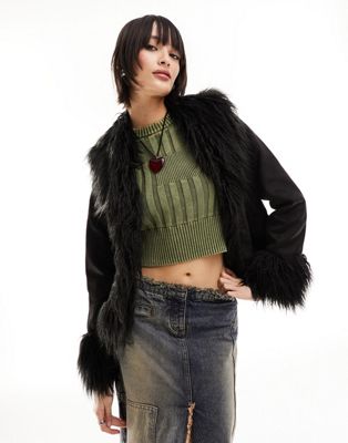 Only suedette jacket with faux fur trim in black - ASOS Price Checker