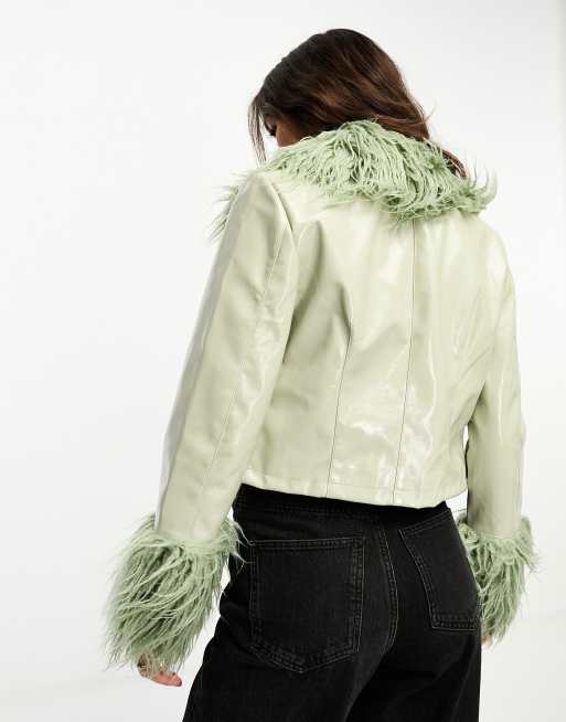 Only - Veste en vinyle bordée de fausse fourrure - Sauge, 2 de 4