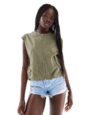 ONLY - Veste sans manches à ourlet bouffant - Kaki-Vert