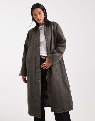 ONLY - Veste style barn matelassée coupe longue - Chocolat délavé-Vert