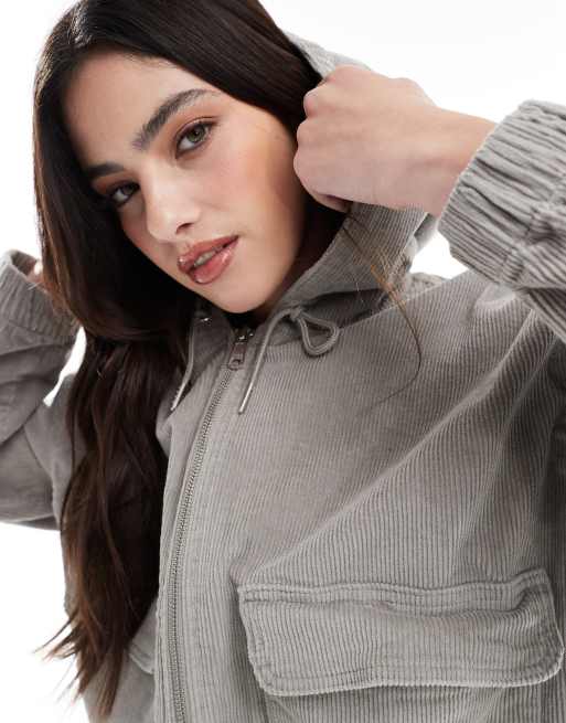 ONLY Veste zippée à capuche en velours côtelé Gris ASOS