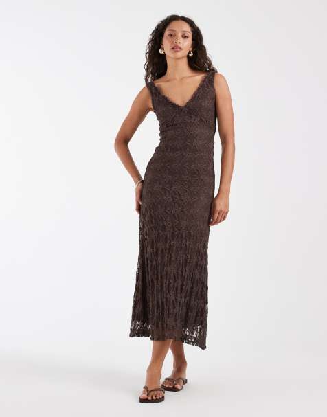 ONLY - Vestido largo marrón con cuello de pico de encaje - view 1