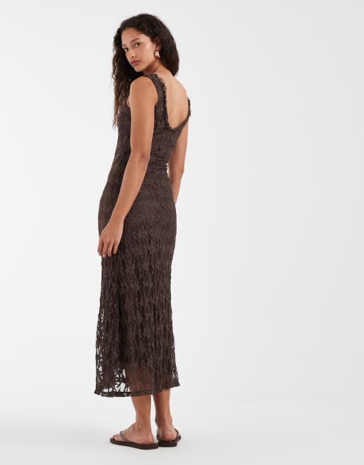 ONLY - Vestido largo marrón con cuello de pico de encaje, 4 de 4