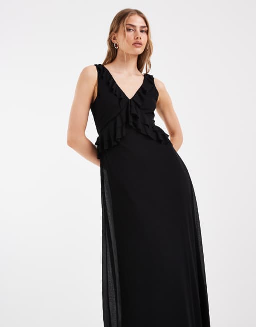 ONLY - Vestido largo negro con cuello de pico y detalle de volantes, 2 de 4