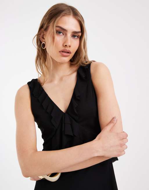 ONLY - Vestido largo negro con cuello de pico y detalle de volantes, 3 de 4