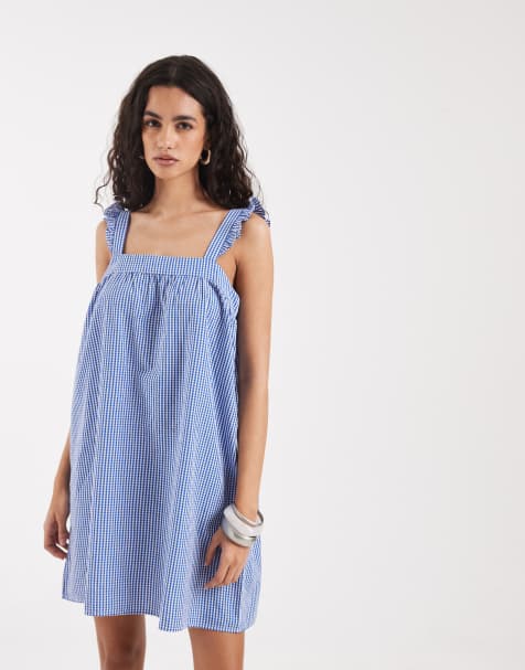 ONLY - Vestito a trapezio corto in mussola blu a quadretti con volant sulle maniche - view 1