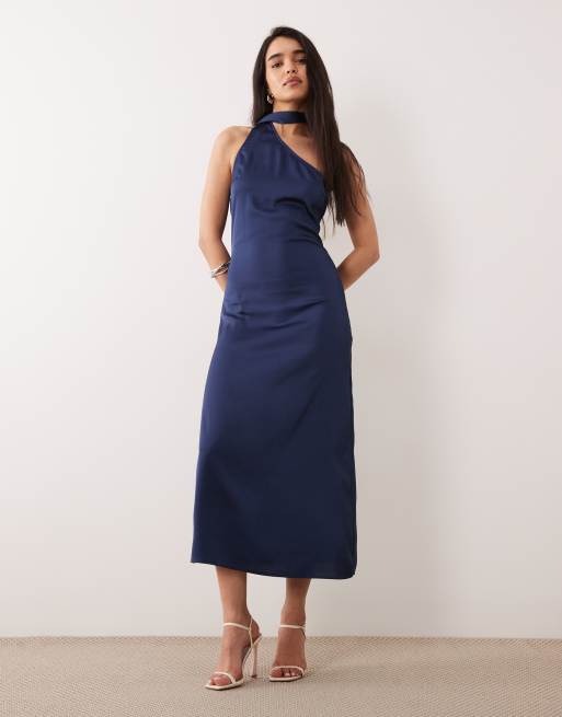 ONLY - Vestito al polpaccio monospalla blu navy con dettaglio foulard